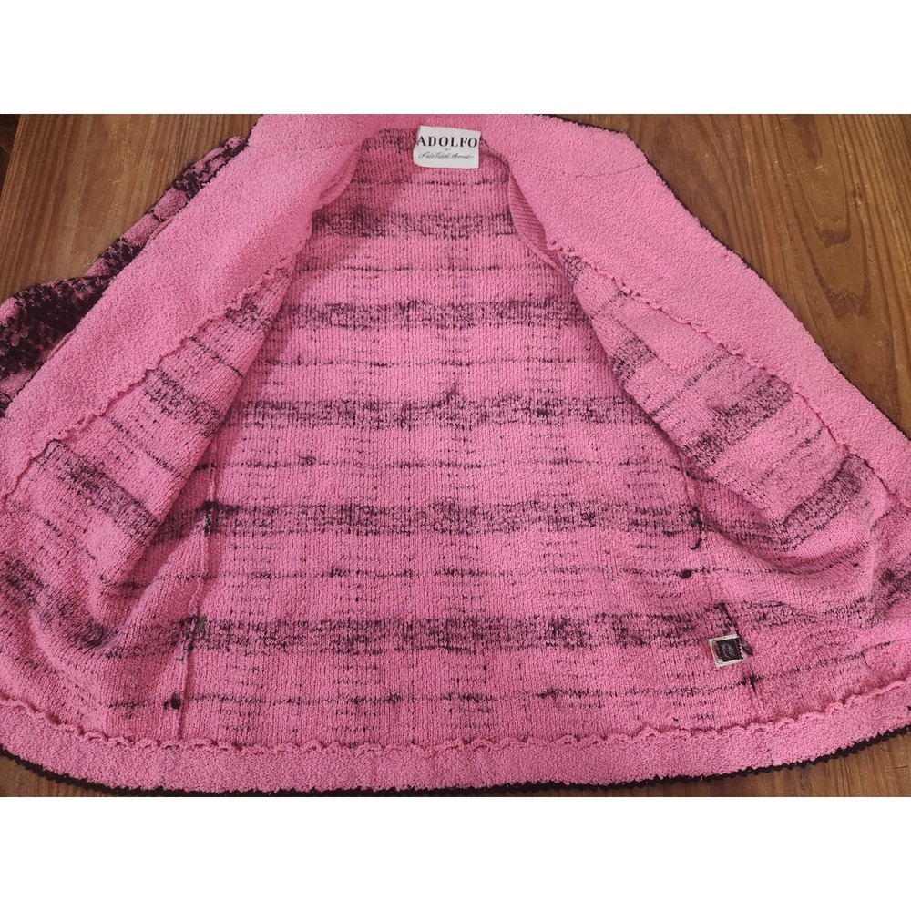 Adolpho Pink and Black Wool Plaid Jacket Gold Buttons Vtg Sweater Med Union Made - Picture 10 of 16